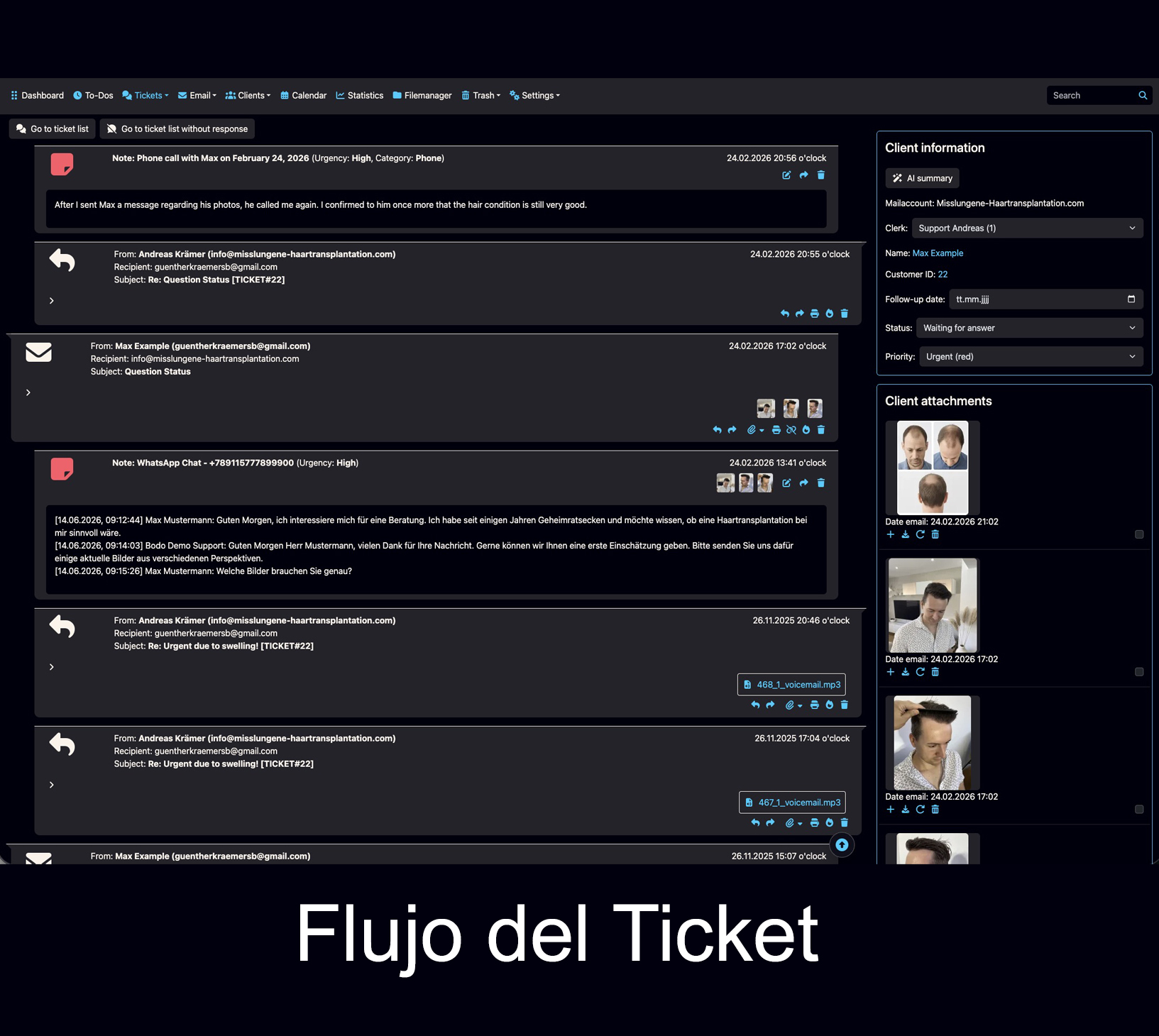 Sistema de gestión de tickets por correo electrónico con historial completo del cliente en Bodo