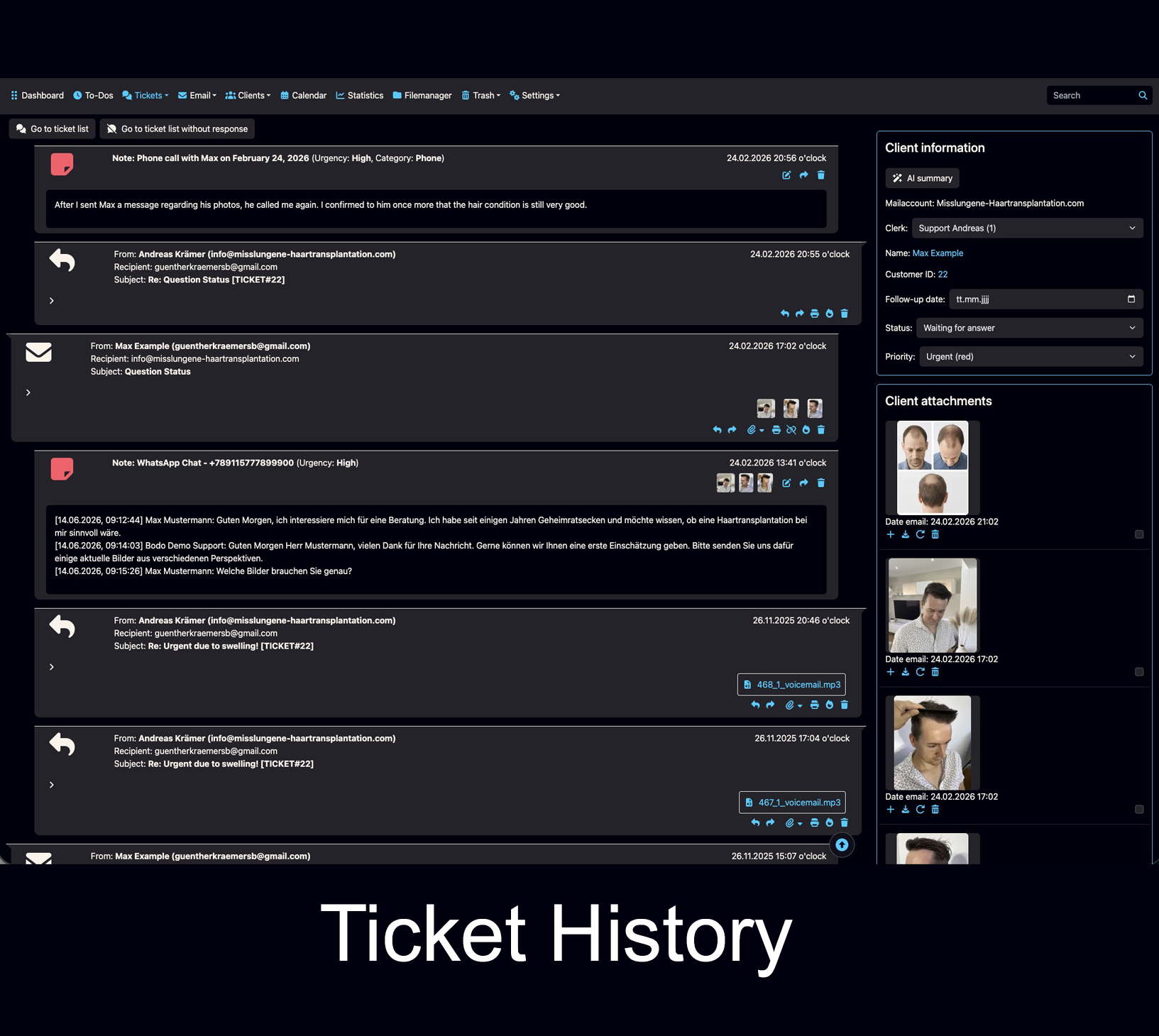 Bodo Ticket History with emails, files, notes and complete client history