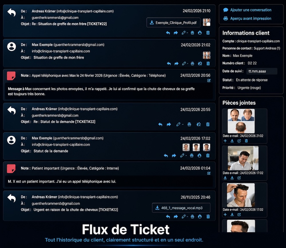 Dossier client structuré avec historique complet du client dans Bodo