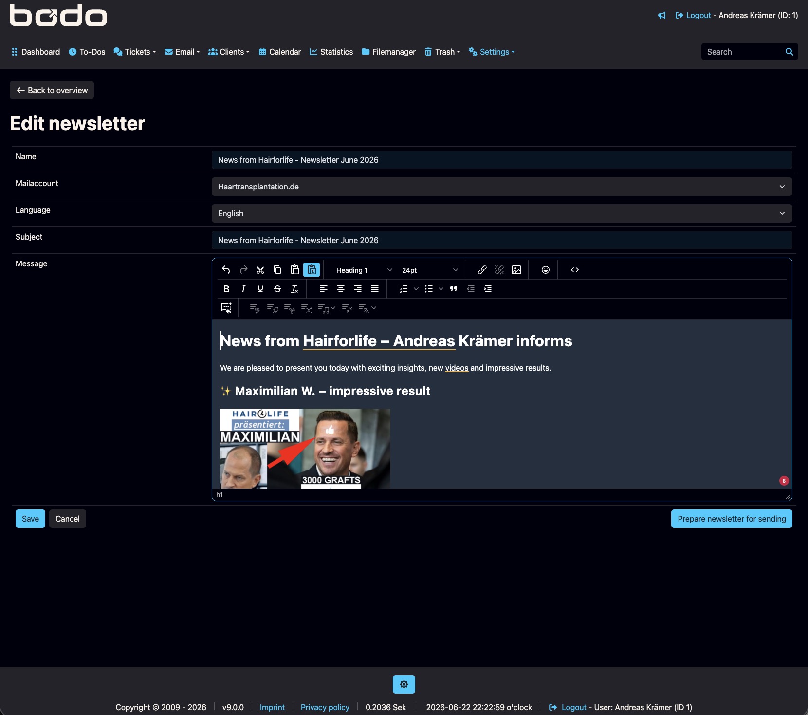 Bodo Bülten Aracı düzenleyici ve şablon yönetimi