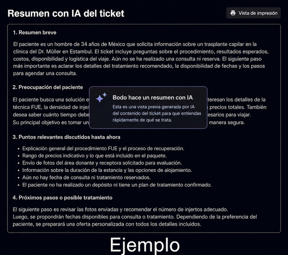 Resumen con IA en el ticket de Bodo