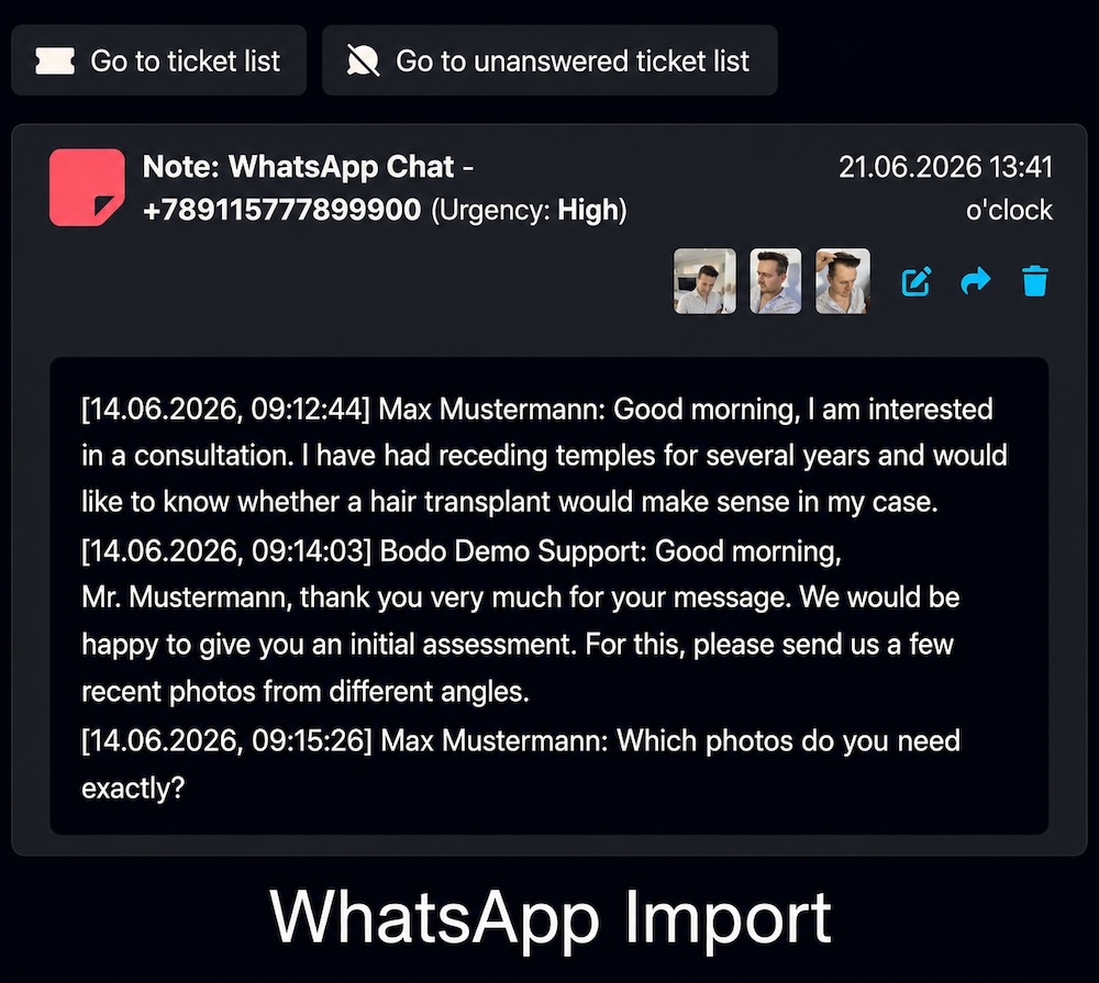 WhatsApp ZIP import as notes in Bodo ticketing