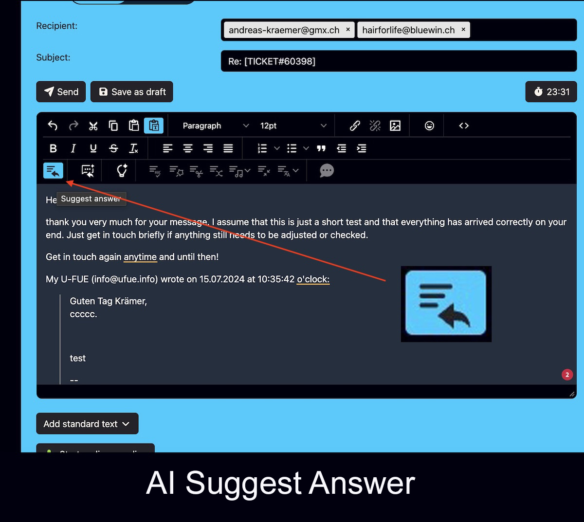Bodo AI Editor with automatic reply suggestion from the ticket history