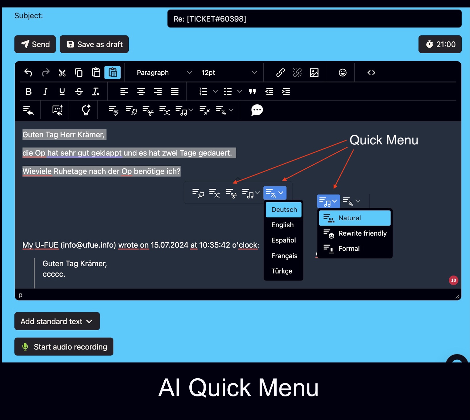 Bubble Menu in the Bodo AI Editor to rewrite, shorten and translate selected text