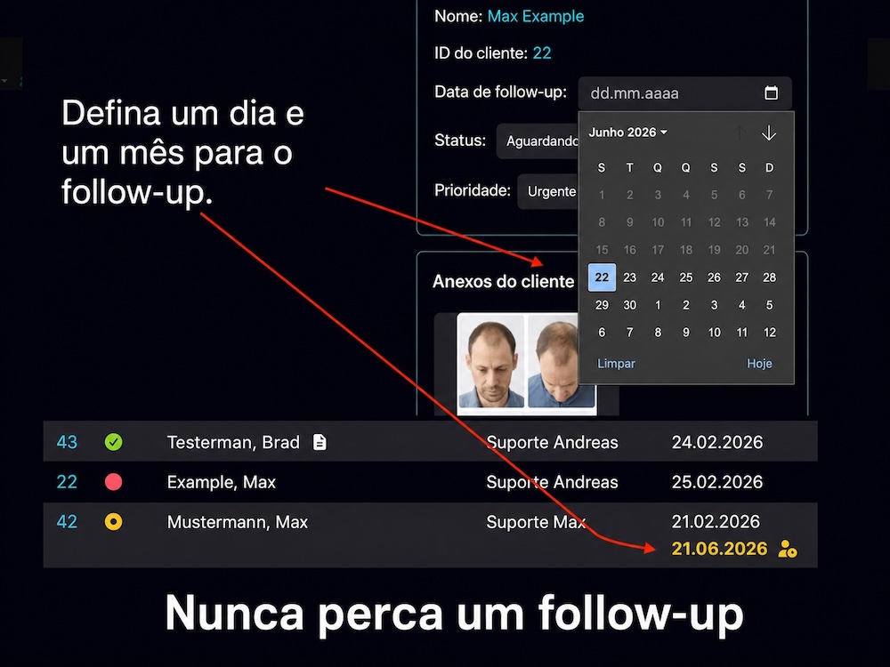 Datas de Follow-Up no Bodo: defina um dia e mês para que o ticket volte a ficar visível como uma tarefa em aberto