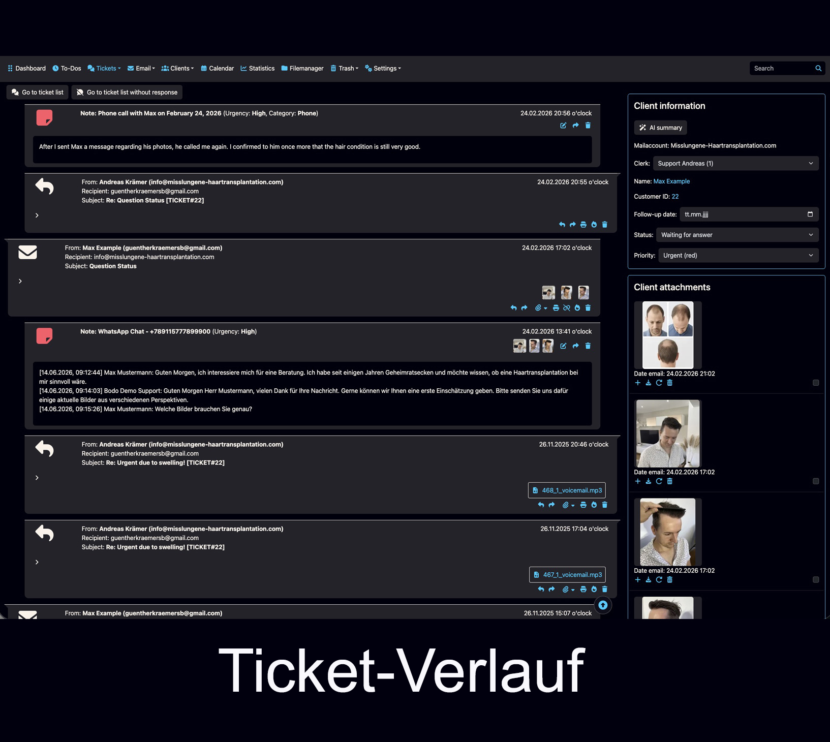 Bodo Ticket-Historie mit E-Mails, Dateien, Notizen und vollständiger Kundenakte