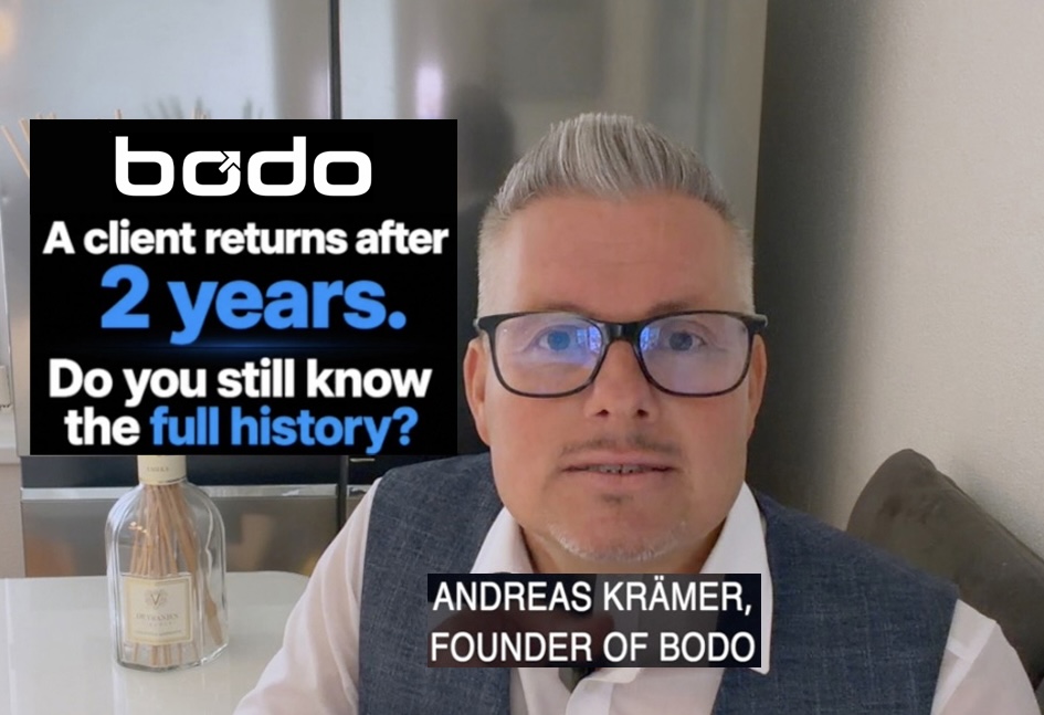 When a client returns after years — Bodo email ticketing CRM complete client history