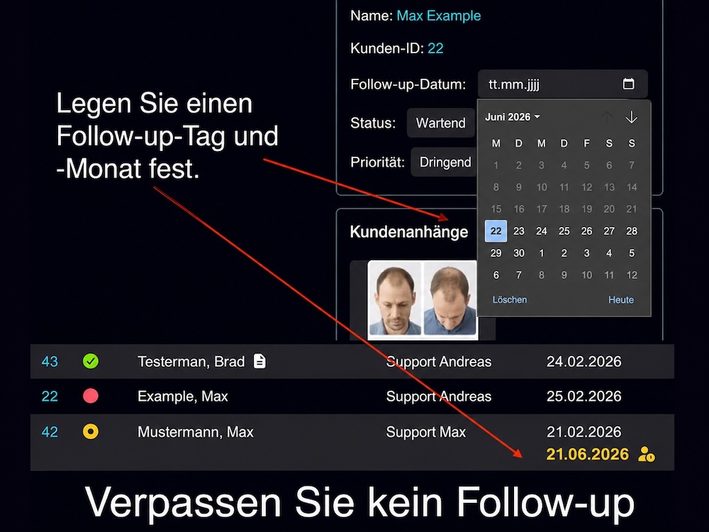 Follow-up-Termine in Bodo: Setzen Sie einen Tag und Monat, damit das Ticket wieder als offene Aufgabe sichtbar wird