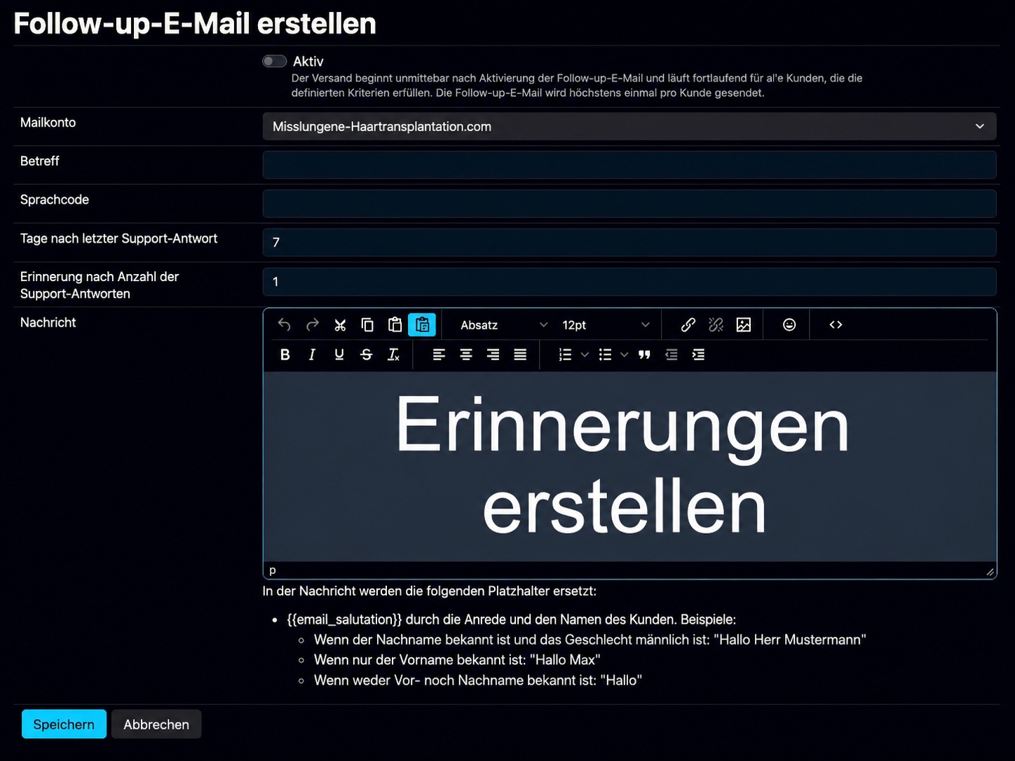 Automatische Erinnerungs-E-Mails in Bodo für Kunden, die nach einer Service-Antwort nicht reagiert haben